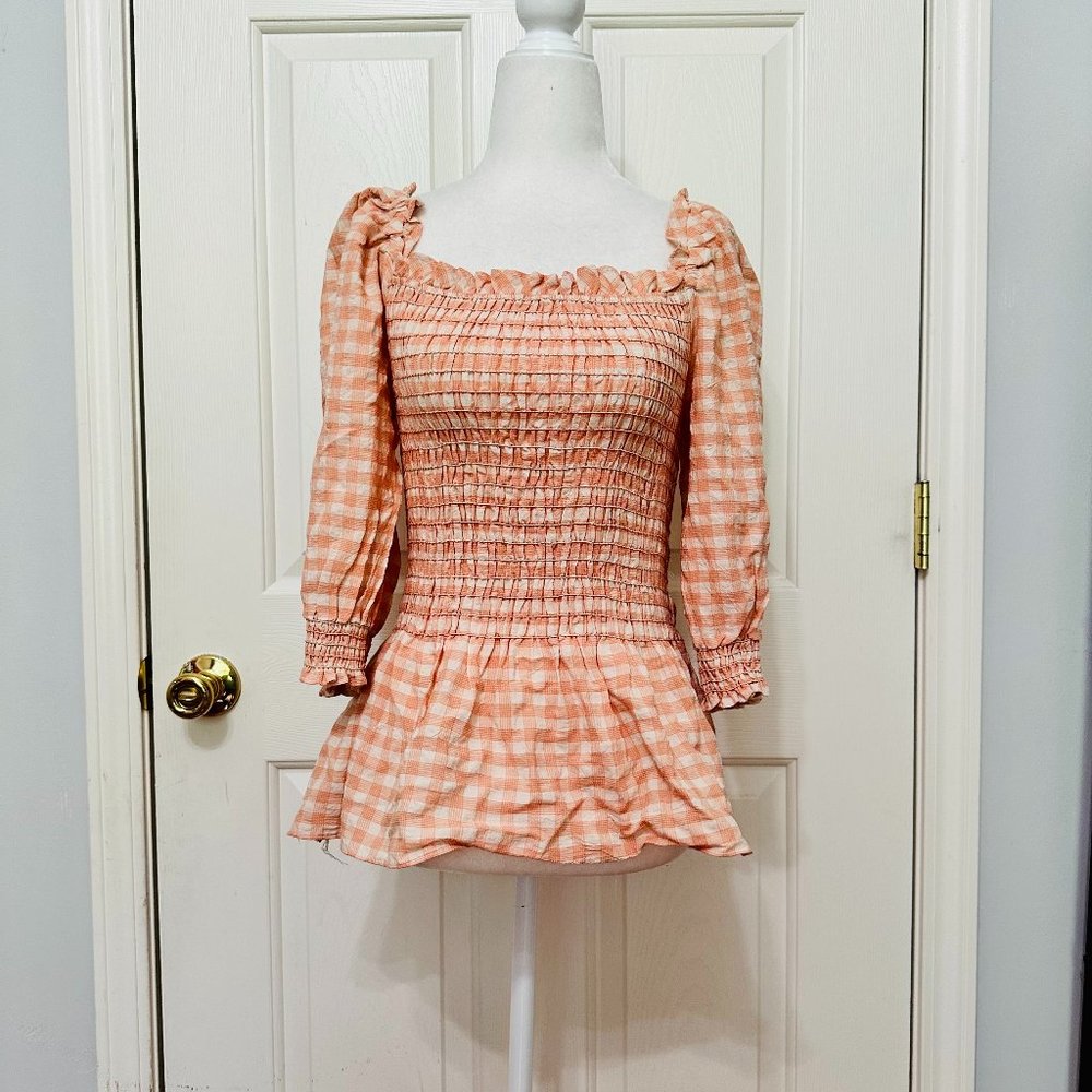 MAX STUDIO GINGHAM BOHO PEASANT BLOUSE TOP